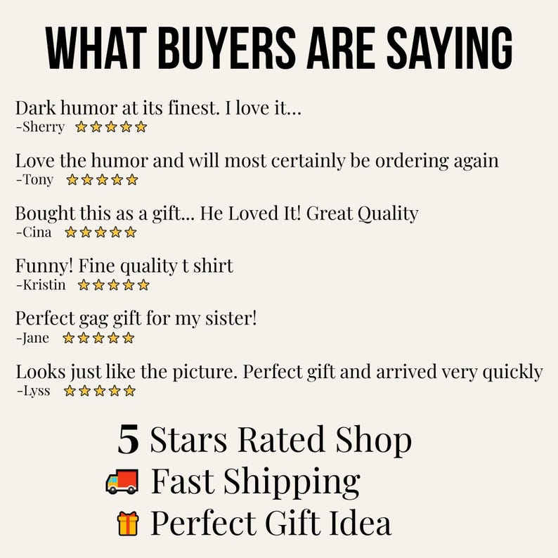 May include: A customer review graphic titled WHAT BUYERS ARE SAYING featuring six testimonials with five-star ratings from Sherry, Tony, Cina, Kristin, Jane, and Lyss. The bottom section displays 5 Stars Rated Shop, a truck icon, and a gift box icon.