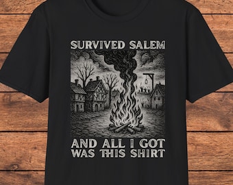 Camiseta "Sobreviví a Salem", humor sobre juicios de brujas, camiseta divertida sobre historia, regalo de bruja de Salem, ropa de historia oscura, camiseta de juicios de brujas de Salem, camiseta irónica