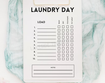 Planificador imprimible de la lista de verificación del día de lavandería para la gestión del hogar sin estrés, cronograma de limpieza, plan de limpieza de la casa