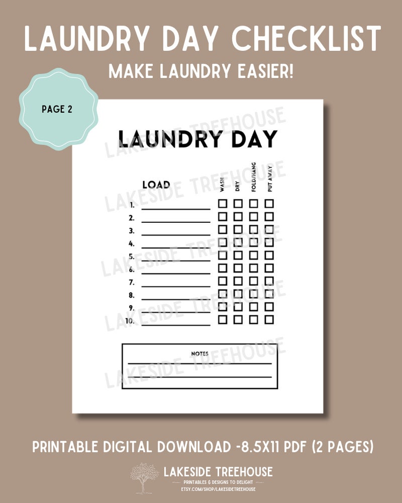 Laundry Checklist Printable Planner for Stress Free Home Management ...