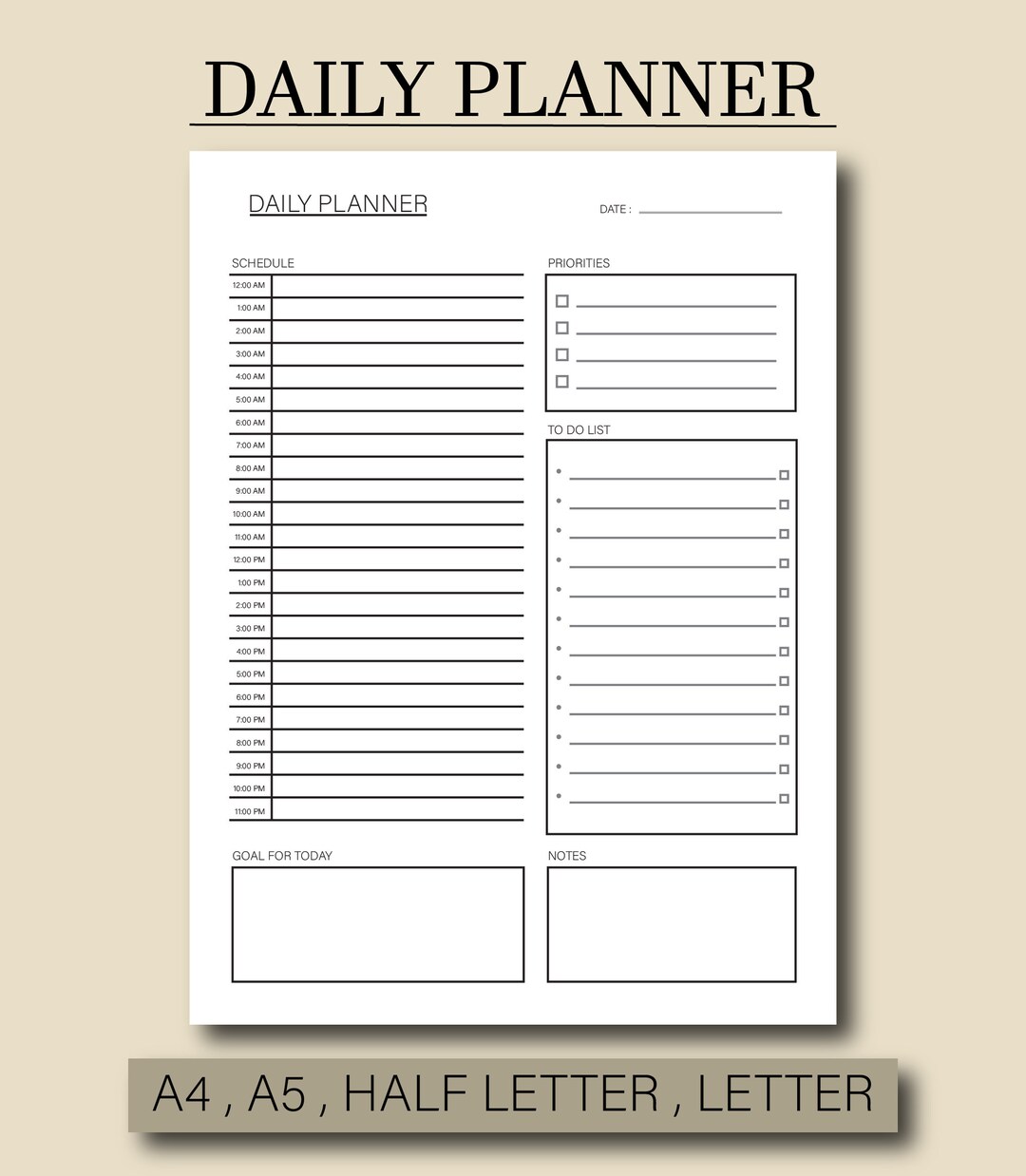 Minimalist Daily Planner Printable Productivity Planner PDF Letter Size ...