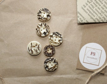 6 buttons, staghorn look, two-hole button, hunter's button, beige/brown, sewing material