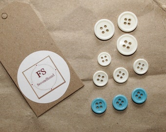 10 four-hole buttons, white/turquoise, blouse buttons, sewing supplies