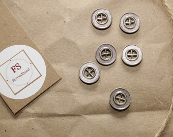 6 shirt buttons silver four-hole buttons army look vintage sewing material