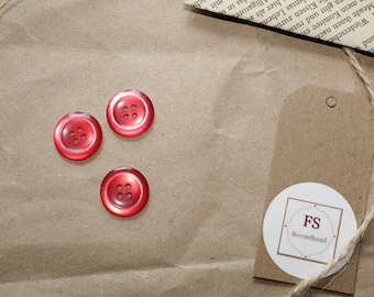 3 red shiny buttons for coats, ponchos, capes, vintage four-hole buttons, sewing accessories