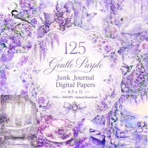 May include: A digital paper collection featuring 125 Gentle Purple Junk Journal pages in 8.5 x 11 inches. The collage displays purple floral scenes, a bird, a swan, a cat, a teacup, and a boat, all framed by a central label with decorative text.