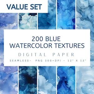 200 Blue Watercolor Textures Digital Paper - Seamless Design, Digital Paper, Instant Download, Junk Journal, Crafting, Bundle Value Set, PNG