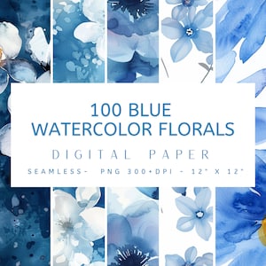 Carta digitale 100 fiori acquerello blu - Stampabile senza soluzione di continuità, Carta digitale, Shabby Chic, Fiori di campo, Download istantaneo, Scrapbooking, PNG