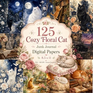 May include: A digital paper set labelled "125 Cozy Floral Cat" with illustrations of cats in a vintage style. The set includes images of cats in floral settings, with a size of 21.59 x 27.94 cm. The images are in PNG format at 300 DPI.
