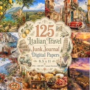 Könnte beinhalten: Eine digitale Sammlung von 125 italienischen Reise-Junk-Journal-Papieren mit Aquarell-Szenen von Küstenstädten, Weinbergen, einem roten Auto, einem Roller und Lebensmitteln. Das zentrale Etikett zeigt den Text 125 Italian Travel Junk Journal Digital Papers.