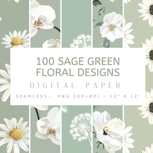 May include: A digital paper pack with 100 sage green floral designs. The designs feature white flowers, including daisies, orchids, and anemones. The designs are seamless and 12 inches by 12 inches.
