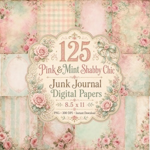 Puede incluir: Una colección de papeles digitales con patrones florales en rosa y menta, con una etiqueta central festoneada que muestra el texto 125 Pink & Mint Shabby Chic Junk Journal Digital Papers 8.5 x 11 PNG 300 DPI Instant Download y rosas.