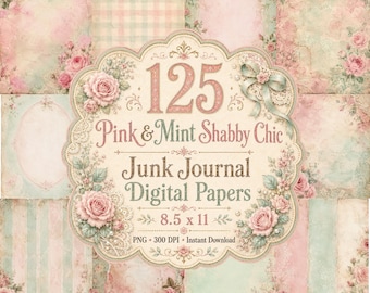 125 Pink & Mint Shabby Chic Junk Journal Papers, Vintage Floral Digital Pages, Cottage Rose Printable Scrapbook Paper