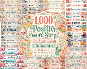 Könnte beinhalten: Eine digitale Sammlung von 1.000 positiven Wortstreifen und 125 digitalen Papieren mit Blumenmustern, Schmetterlingen und inspirierenden Phrasen wie "keep going", "trust" und "be kind" auf einem 21,6 x 27,9 cm großen Layout.