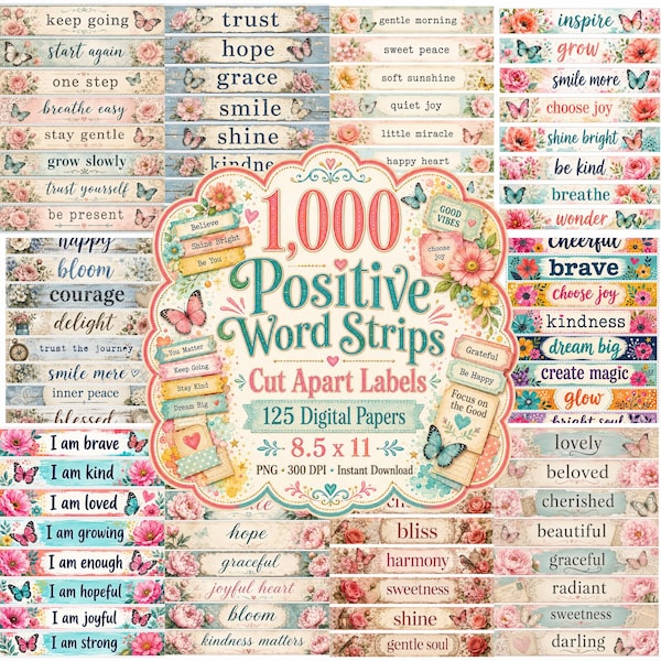Bandes de mots positifs, étiquettes imprimables pour journaux indésirables, documents éphémères inspirants pour affirmations, feuilles séparées