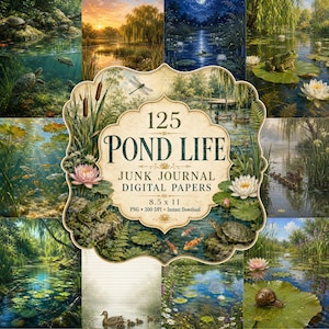 Puede incluir: Una colección de 125 papeles digitales para diarios creativos con imágenes de vida en estanques, incluyendo tortugas, ranas, patos, peces koi y nenúfares. La etiqueta central muestra el texto 125 POND LIFE JUNK JOURNAL DIGITAL PAPERS 8.5 x 11.