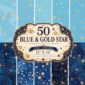 Könnte beinhalten: Ein digitales Papier-Set mit 50 nahtlosen Designs mit blauen und goldenen Sternen. Das Bild zeigt verschiedene Sternmuster auf hell- und dunkelblauen Hintergründen. Das Produkt misst 30,48 cm x 30,48 cm und ist als Sofort-Download verfügbar.