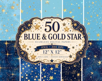 Papeles digitales sin costuras con estrellas azules y doradas / Patrones de cielo nocturno celestial / Fondos de estrellas con lámina dorada de lujo / PNG de 12x12 pulgadas y 300 ppp