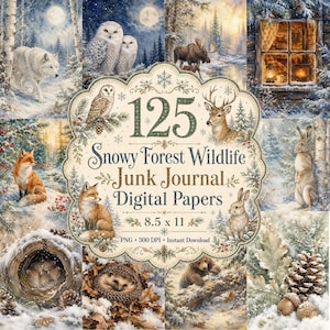 Op de afbeelding: Een collage van winterbosscènes met verschillende dieren, waaronder een wolf, uilen, een vos, een hert en konijnen. De tekst "125 Snowy Forest Wildlife Junk Journal Digital Papers" is te zien. Het papierformaat is 21,59 x 27,94 cm.