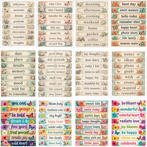 May include: A collection of rectangular adhesive labels featuring various inspirational phrases, floral illustrations, and butterfly motifs. The labels are organized in a grid, displaying text such as reflections, memories, dreams, and gratitude in diverse color palettes ranging from muted vintage tones to vibrant floral designs.