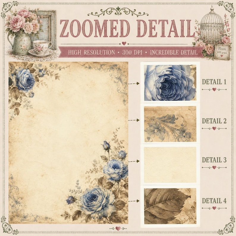 Floral Shabby Chic Digital Papers, Vintage Rose Junk Journal Pages (8.5 ...