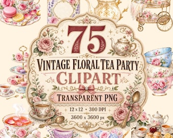 Vintage Floral Tea Party Clipart, Shabby Chic Roses (Digital Download)