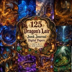 May include: A digital collection of 125 Dragon's Lair junk journal papers featuring various fantasy scenes of dragons in gold-filled caverns, glowing blue caves, and stone ruins, with the text 125 Dragon's Lair Junk Journal Digital Papers 8.5 x 11.