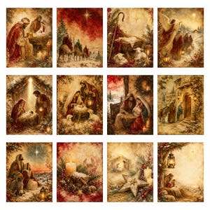 Puede incluir: Una colecci&oacute;n de doce l&aacute;minas rectangulares con diversas escenas religiosas de la natividad. Las ilustraciones muestran figuras con t&uacute;nicas, pastores, animales y pesebres en tonos c&aacute;lidos dorados, rojos y marrones, con faroles y estrellas.