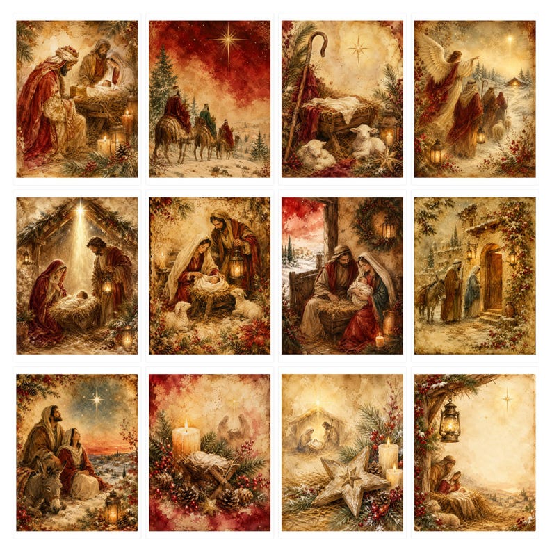 Puede incluir: Una colecci&oacute;n de doce l&aacute;minas rectangulares con diversas escenas religiosas de la natividad. Las ilustraciones muestran figuras con t&uacute;nicas, pastores, animales y pesebres en tonos c&aacute;lidos dorados, rojos y marrones, con faroles y estrellas.