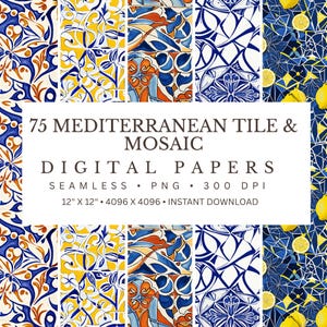 Mediterrane Fliesen & Mosaik Digitale Papiere | Italienische Muster, blaue Küstentexturen (PNG)