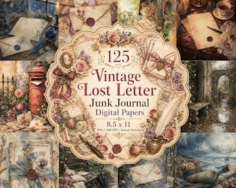 Könnte beinhalten: Eine digitale Sammlung von 125 Papieren im Vintage-Stil mit Blumenmotiven, wachssiegelten Umschlägen, antiken Schreibutensilien und romantischen Landschaften. Das zentrale Etikett zeigt den Text 125 Vintage Lost Letter Junk Journal Digital Papers 8.5 x 11.