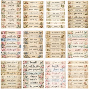 May include: A collection of rectangular paper labels featuring vintage-style floral illustrations, butterflies, and inspirational text phrases like gather, pause, breathe, and cherish. The labels have a distressed, aged parchment background.