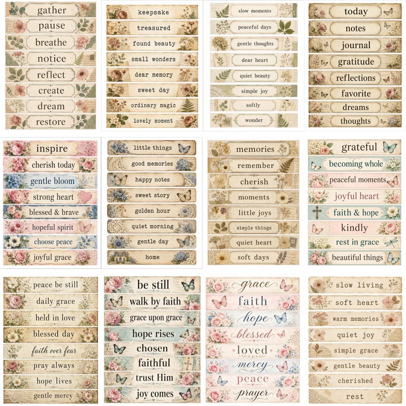 May include: A collection of rectangular paper labels featuring vintage-style floral illustrations, butterflies, and inspirational text phrases like gather, pause, breathe, and cherish. The labels have a distressed, aged parchment background.