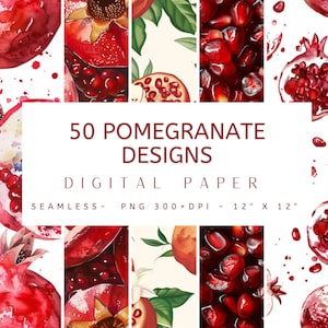 50 Granatapfel Digitales Papier - Aquarell, nahtlos, bedruckbar, Sofort-Download, Junk Journal, Scrapbooking, Shabby Chic, Hintergrund, Bild