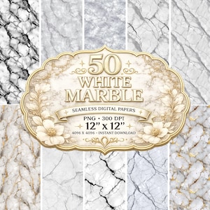 May include: A digital product image featuring 50 white marble seamless digital papers. The image includes various marble patterns in shades of white, gray, and gold. The product is 12" x 12" and available for instant download.