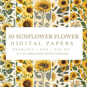 Peut inclure: Ensemble de papiers numériques avec des motifs de tournesols. L'image présente divers motifs de tournesols, avec le texte "50 SUNFLOWER FLOWER DIGITAL PAPERS". Les papiers mesurent 30,48 cm x 30,48 cm et 4096 x 4096 pixels.