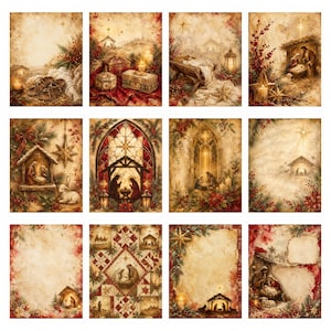 Puede incluir: Una colecci&oacute;n de doce hojas de papel rectangulares con escenas navide&ntilde;as de nacimiento en estilo vintage, que incluyen representaciones del pesebre, la sagrada familia, estrellas, velas, ramas de pino y bayas rojas sobre pergamino envejecido.
