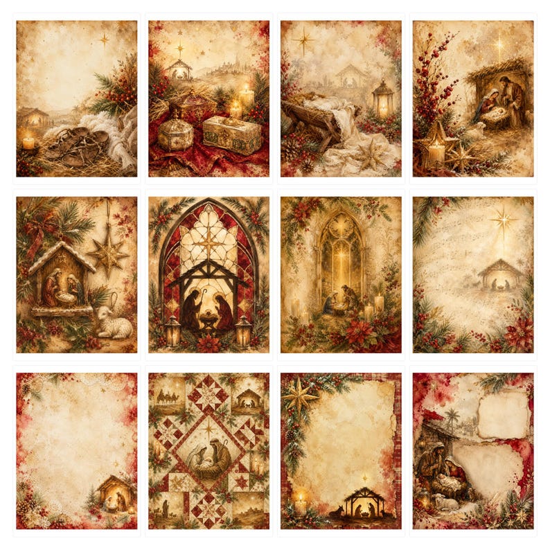 Puede incluir: Una colecci&oacute;n de doce hojas de papel rectangulares con escenas navide&ntilde;as de nacimiento en estilo vintage, que incluyen representaciones del pesebre, la sagrada familia, estrellas, velas, ramas de pino y bayas rojas sobre pergamino envejecido.