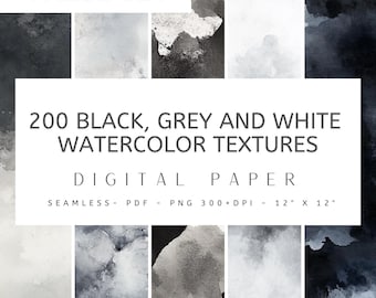 200 Black, Grey and White Watercolor Textures Digital Paper - Seamless Design, Digital Paper, Instant Download, Junk Journal, Crafting, PNG