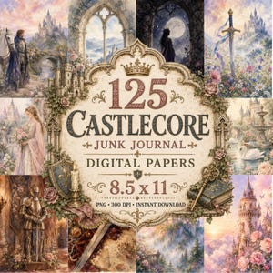 May include: A digital paper pack with a castlecore theme. The image features a collage of watercolor illustrations of castles, knights, and romantic scenes. The central design element includes the text "125 CASTLECORE JUNK JOURNAL DIGITAL PAPERS" and the dimensions 8.5 x 11 inches.