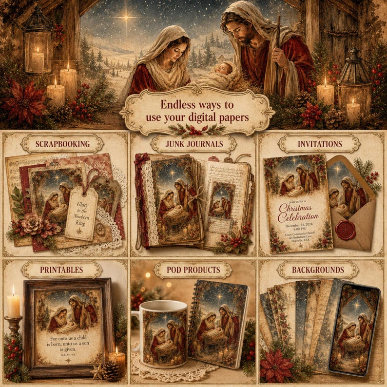 Puede incluir: Una colecci&oacute;n de papel digital con una escena de natividad con Mar&iacute;a, Jos&eacute; y el ni&ntilde;o Jes&uacute;s. La muestra presenta varias aplicaciones incluyendo scrapbooking, diarios, invitaciones, imprimibles, productos POD y fondos con texto.