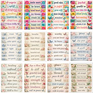 May include: A collection of rectangular stickers featuring floral patterns, butterflies, and inspirational text phrases such as inspire, smile more, good vibes, joyful, trust, breathe, worthy, pray, healing, hope in bloom, grace, and joy in the journey.