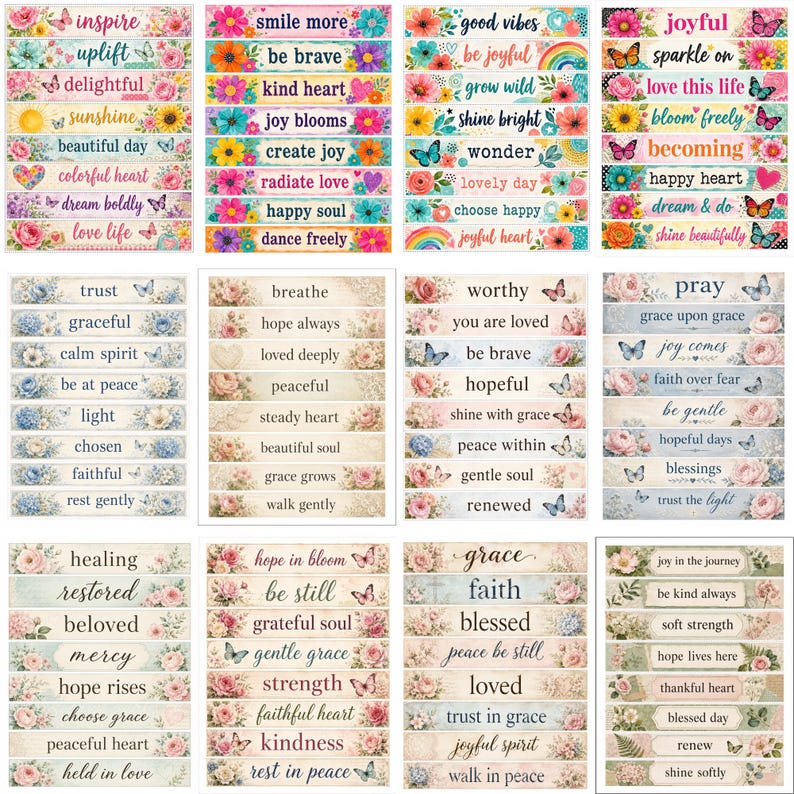 May include: A collection of rectangular stickers featuring floral patterns, butterflies, and inspirational text phrases such as inspire, smile more, good vibes, joyful, trust, breathe, worthy, pray, healing, hope in bloom, grace, and joy in the journey.