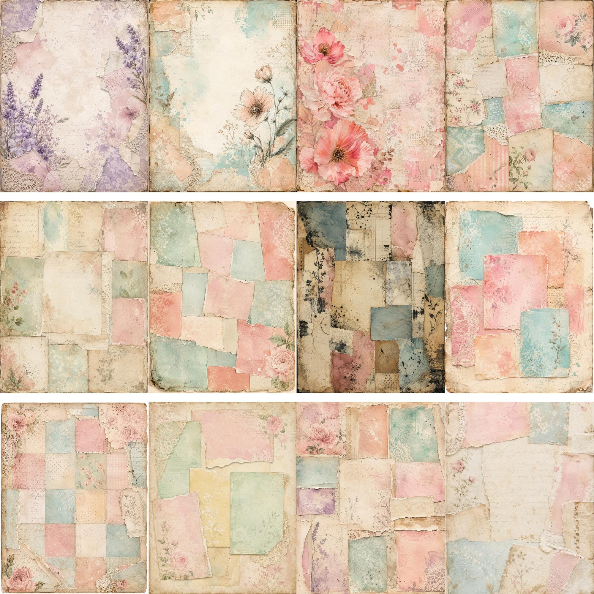Pastel Mixed Media Junk Journal Pages, Collage Digital Papers (8.5 X 11 ...