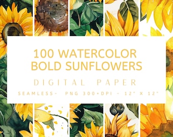 May include: 100 digital papers featuring watercolor illustrations of bold sunflowers in yellow and green. The papers are seamless and measure 12 inches by 12 inches.