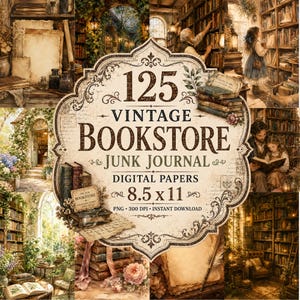 May include: A digital collage with a vintage bookstore theme. The image includes the text "125 Vintage Bookstore Junk Journal Digital Papers 8.5 x 11". The collage has a warm colour palette with images of books, aged paper, and floral accents.