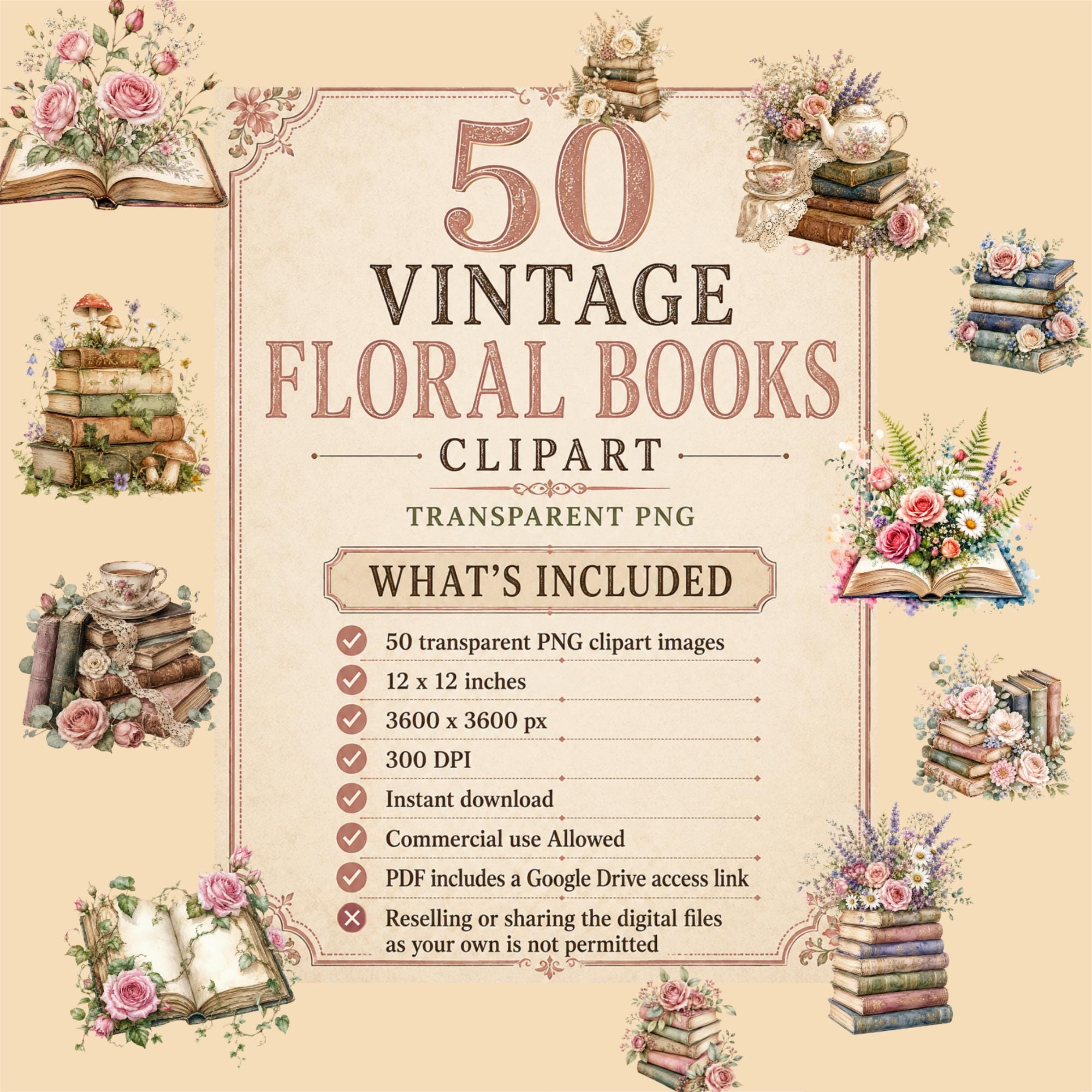 Vintage Floral Books Clipart PNG, Cottagecore Book Stack Watercolor ...
