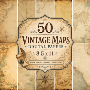Puede incluir: Un collage de mapas de estilo vintage en tonos beige, marrón y ocre. La imagen central presenta un marco decorativo con el texto "50 VINTAGE MAPS DIGITAL PAPERS 8.5 x 11". Incluye una pluma, tintero y rosa de los vientos.