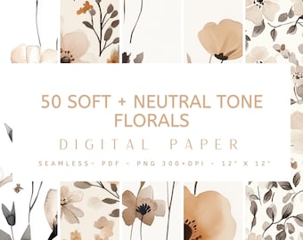 50 Soft and Neutral Tone Floral Digital Paper - Seamless Patterns, Digital Paper, Instant Download, Junk Journal, Crafting, Craft, Scrapbook
