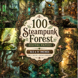 Peut inclure: Un collage d'art numérique sur le thème de la forêt steampunk. L'image comprend un hibou, des engrenages et une enseigne indiquant "100 Steampunk Forest Digital Papers" avec des dimensions de 21,6 x 27,9 cm.
